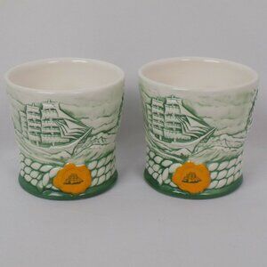 2 Cutty Sark Ceramic Whiskey Rocks Glasses Clipper Ship Green White Vintage 1998